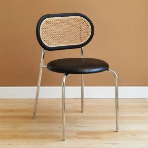 Elegant Rattan-Style Dining Chair with Leather Upholstery and Metal Frame