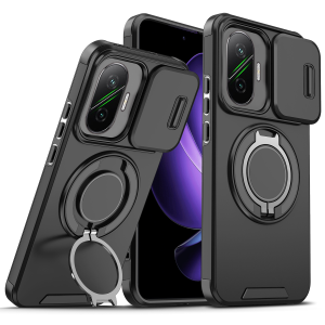 Casing For Xiaomi Poco F7 PocoF7 Sliding Window Ring Phone Case Bracket Shockproof Protection Lens Stand Holder Anti Fall Hard Back Cover