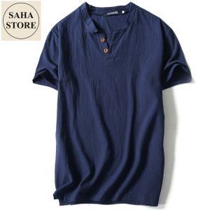 Áo thun nam đũi SAHA312 chất cotton linen mát lạnh cộc tay cài nút cổ v trơn big size 5XL 4XL 3XL