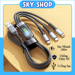 Dây cáp sạc 3 đầu sạc nhanh cho nhiều thiết bị 100w cáp bọc dù bền bỉ giá rẻ