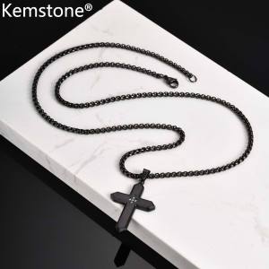 Kemstone Stainless Steel Cross Pendant Necklace with Cubic Zirconia Silver/Black