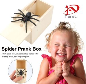 TwoL Shop Stock no.171, wooden spider toy box with realistic black spider for surprise effect.