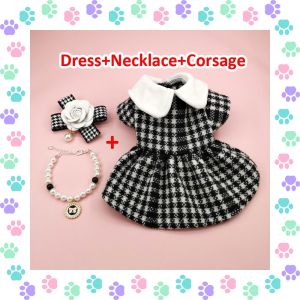 【sought-after】 Whisker Dog Clothes for Shih Tzu Female Pearl Bowknot Necklace Corsage Formal Checkered Plaid Dress Pet Cat Dog Wedding Birthday Dress