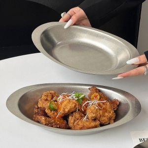 WELLNOW Hình bầu dục. Đĩa ăn bằng loại Bền bỉ Thép không gỉ Đĩa đựng salad Cổ điển Nông Bộ đồ dùng cho quán cà phê Cắm trại ngoài trời