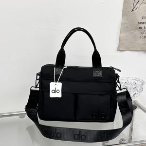 ALO Women Padded Nylon Laptop Handbag Dual Front Patch Pockets Embossed Letter Print‑logo Wide Detachable Crossbody Strap Top‑handle Light‑weight Tablet Briefcase Shoulder Bag For Work School