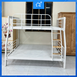 GIƯỜNG TẦNG SẮT LỆCH HỘP 4x8 – CẦU THANG BẬC GỖ CAO CẤP (GTL48-LG)