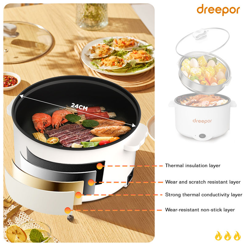 Dreepor 3L Mini Rice Small Multi-Function Electric Cooker With Steaming Tray Non Stick Pot. 