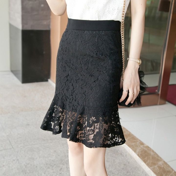 Lady Black Lace Skirt Knee Length Elegant Casual Skirt Women aline Skirt Korean Style Elastic waist Office Skirts Plus Size Lazada Singapore