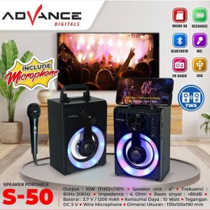 Speaker Bluetooth Portabel Music Box 4 Inch Advance S-50 Plus Mic Karaoke Super Bass Speaker Karaoke