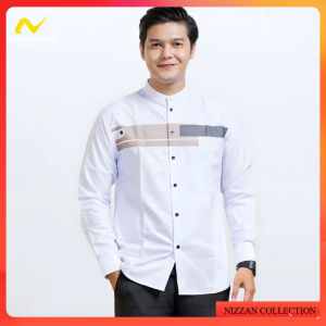 Baju Koko Pria Hadroh Kombinasi Motif Yordan Lengan Panjang Warna Putih M L XL XXL
