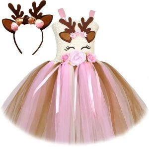 Pink Flowers Deer Costumes for Baby Girls Christmas Tutu Dress Kids Animal Reindeer Outfits Children Xmas Gift New Years Clothes2026