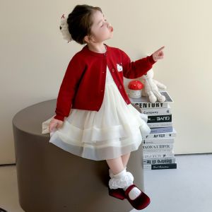 Christmas Gift Halloween Kawaii 2Pcs Sanrio Hello Kitty Children Girl Knitted Coat Autumn Cartoon Anime Long Sleeves Mesh Skirt Princess Style Sweet Set