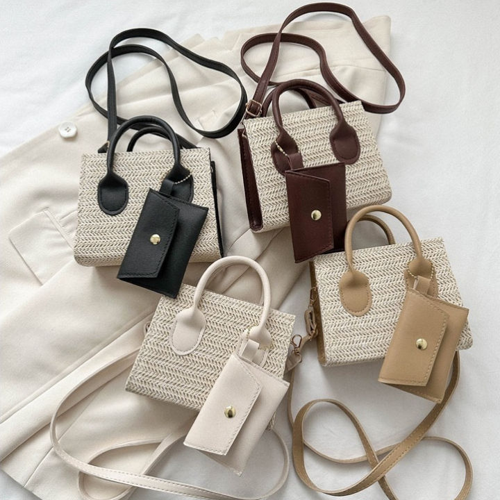 Mumu 5032 Cute 2in1 Small Woven Sling Bag Ladies Women Straw