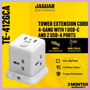 Jaguar Electronics Tower Extension Cord with USB-C and USB-APorts Vertical Smart Socket
