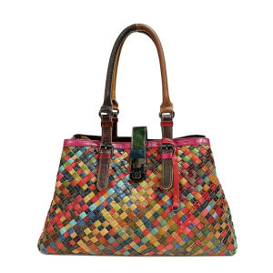 BeeGreen Women Woven Leather Handbag Large Capacity Underarm Bag Colorful Weave Commuting Bag Casual Shoulder Bag