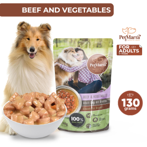 PetMarra Chunks in Gravy Adult Dog Wet Food Pouch Beef and Vegetables Flavor 130g Ages 1 Year and Above dogs all breeds