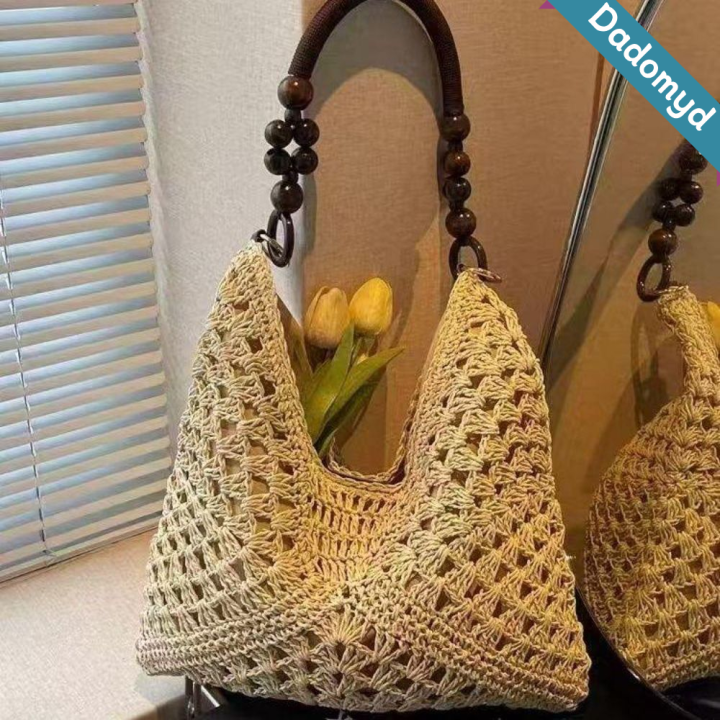 MILDPETAL Dung lượng lớn Túi cói Khoét rỗng Bohemian Túi đeo vai Thường ngày Túi xách đi biển cho kỳ nghỉ ở bãi biển
