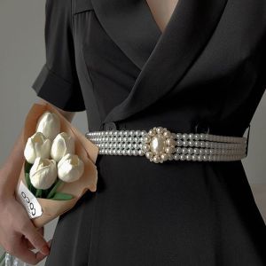 TIMIA Elegant Adjustable For Girls Elastic Metal Buckle Crystal Women Waistband Dress Decoration Korean Belt Faux Pearl