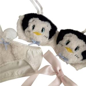 Japanese Cartoon Penguins Pattern Plush Bra and Panty Set Cartoon Women Teens Brassiere Lingerie Furry Underwear Set