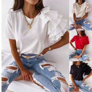 Fashion Casual Simple White Blouses Women Elegant Solid Color Ruffles Short Sleeve Shirts Top For Summer Women Blouses 2026 New