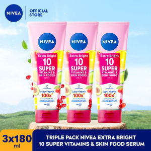 (PAKET HEMAT ISI 3) NIVEA Body Serum Extra Bright 10 Super Vitamins SPF15 180ml - Hand body serum moisturizer menyamarkan noda flek hitam dark spot mencerahkan kulit kusam badan glowing brightening tone up lembap - 10x Vitamin C Niacinamide Pomegranate