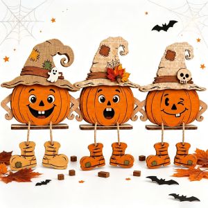 FWFHTP 3Pcs/Set 2D Phẳng Tấm trang trí bí ngô Halloween Phong cách đồng quê cổ điển Hình dạng bí ngô Đồ trang trí bàn ăn Halloween Họa tiết lá phong Biển hiệu gỗ Halloween Đồ trang trí Halloween