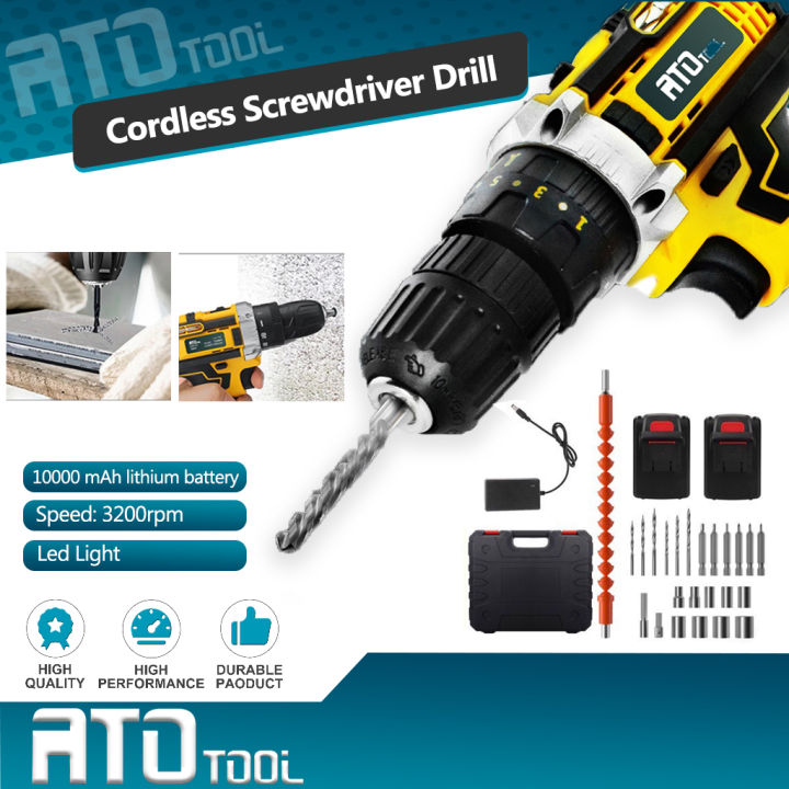 ATO Electric Cordless Screwdriver Drill with LED Light 3 Speed