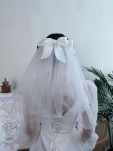 【Ship in 24H】bride veil 白鹿头纱领证女新娘蝴蝶结婚拍照道具求婚领证登记小头纱短款 现货 热卖Ready