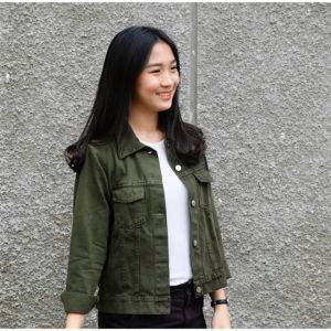 Jaket Jeans Wanita Deexito Trader Tebal 14 Oz Warna Hijau Army – Ukuran M-6XL
