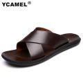 YCAMEL Genuine Leather Slippers Mens Sandals Summer Shoes Slippers Man Fashion Simple Black/Brown Sliper For Men Shoes Chinelo Slide. 