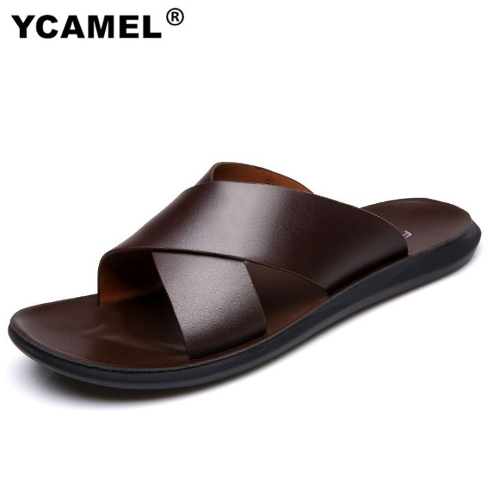 YCAMEL%20Genuine%20Leather%20Slippers%20Mens%20Sandals%20Summer%20Shoes%20Slippers%20Man%20Fashion%20Simple%20Black/Brown%20Sliper%20For%20Men%20Shoes%20Chinelo%20Slide%20-%20Image%202