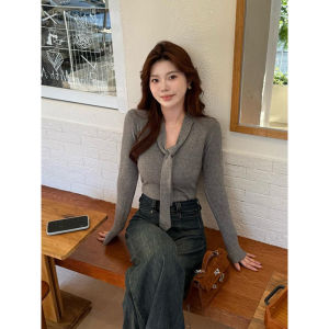 Korean Elegant Style Solid Color V-Neck Ribbon Long Sleeved Womens Knitwear Top