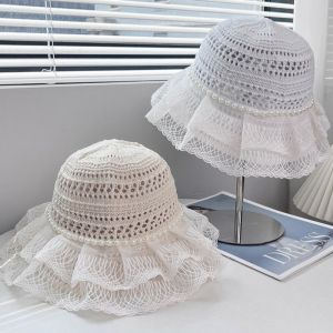 WISHAHA Pearl Decor Bucket Hat Foldable Design Hollow Knit Texture Fisherman Hat Fashionable Lightweight Material Sun Hat For Women