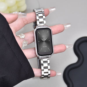 Stainless Steel Metal Strap with Transparent Case for Xiaomi Smart Band 9 Active Strap / Redmi Band 3 Strap Xiaomi Smart Band 8 Active Strap / Redmi Smart Band 2 3 Strap for Xiaomi Mi Band 9 Active Strap Watch Strap Band Replacement Bracelet