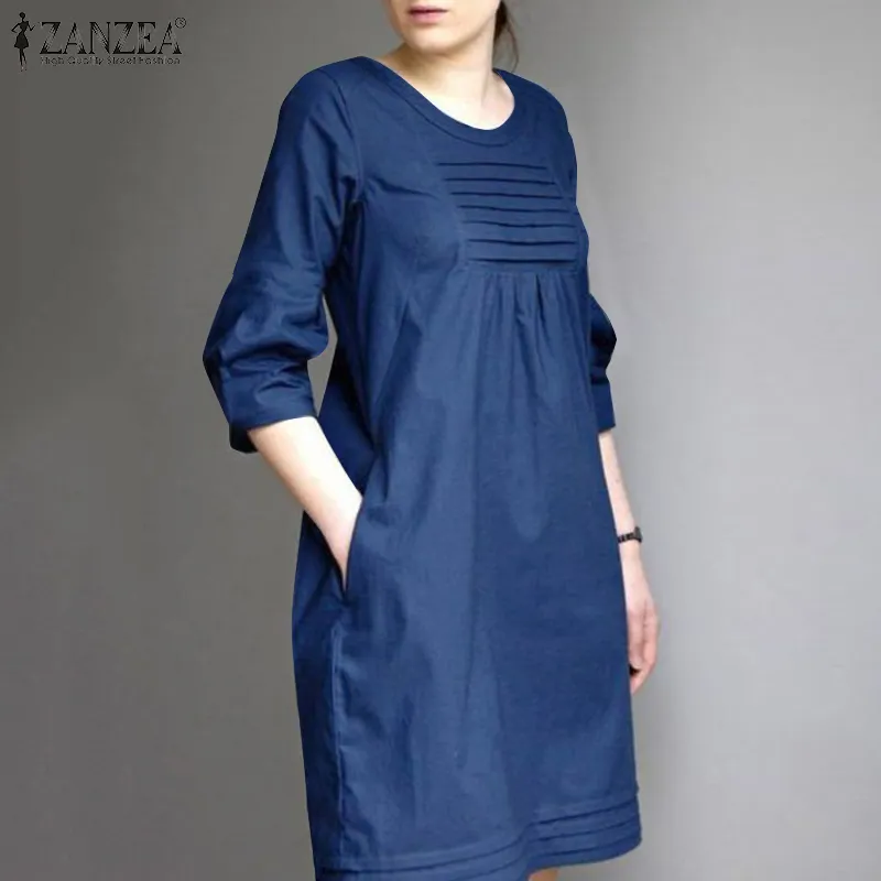 MOMONACO ZANZEA Women's Dresses Vintage Pleated Denim Sundress Casual Loose  Round Neck Plain Mini Dress #8 | Lazada PH
