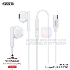 Fon Telinga REMAX OFFICIAL Type C Gaming Wired Flat In Ear Hifi Stereo Music USB C Earphone With Mic Volume Control Earphones Super Bass For Phone Android Original Headset Earbuds LRRM522A