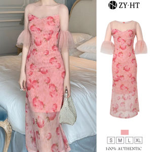 ZYHT EraVogue เดรสผู้หญิง เดรสสีชมพู เดรสตาข่าย เดรสแขนบาน เดรสทำงาน เดรสไฮโซ เดรสวินเทจ เดรสออกงาน เดรสปาร์ตี้ ชุดราตรี 21384