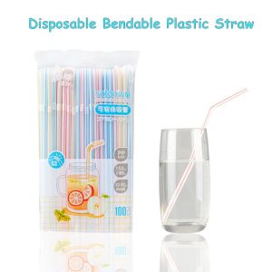 100PCS Disposable Bendable Color Bar Plastic Straw Multifunction Elbow Straw For Juice Drink Milk