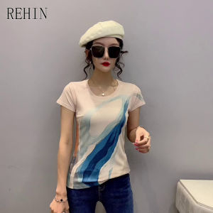 REHIN New Summer cotton short sleeve T-shirt unique pattern print slim fitS-3XL round collar womens top