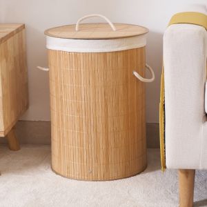 60L Hand-Woven Large Capacity Minimalist Round Bamboo Storage Hamper Laundry Basket Organizer