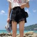 Korean high waist tattered denim shorts for women casual hole wide leg black jeans. 