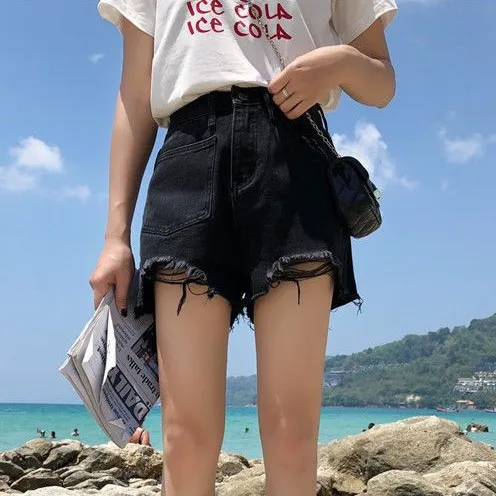 Korean%20high%20waist%20tattered%20denim%20shorts%20for%20women%20casual%20hole%20wide%20leg%20black%20jeans%20-%20Image%205