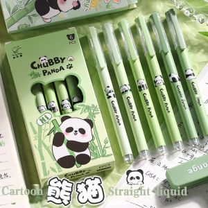 6Pcs Straight Liquid Gel Pens Cartoon High-Value Panda Quick-Drying Smooth Black Student Exam Sign Pens