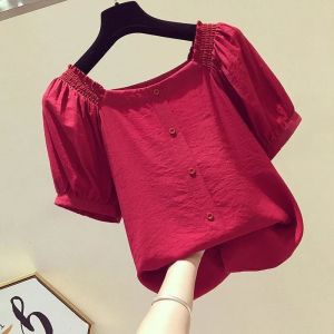 TTQQ Chiffon Shirt Bubble Sleeve Top Womens Solid Color Short Sleeves