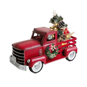 FANGAN American Rustic Style Red Truck with Christmas Tree Ornament with Light Vintage Christmas Pickup Truck Statue Exquisite Mini Truck Figurine Display Case