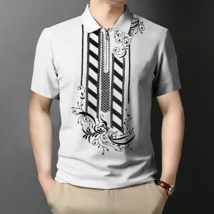 Barong Tagalog for Men Modern Business Casual Short Sleeve Breathable Quick Drying Ethnic Print Zipper Polo Shirts for Men