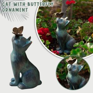 LINSBAYWU Realistic Curious Cat Statue Interesting Resin Cat Sculpture Art Statues Cat Butterfly Cat Statue Outdoor