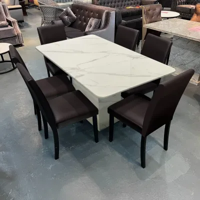 Bilik furniture 1 + 6 White Marble Dining Set - Set Meja Makan 6 Kerusi - Dining Room