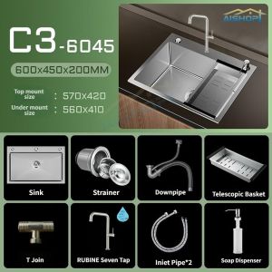 SUS 304 Stainless Steel Silver Kitchen Nano Sink Household Sink With Kitchen Faucet Drain AccessoriesFast shipping