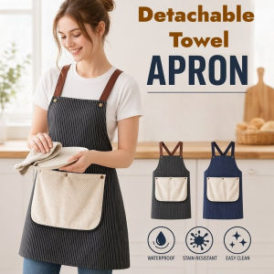 Kitchen Apron Detachable Hand Towel Striped Water Resistant Anti Stain Adjustable Neck Cooking Baking Workwear